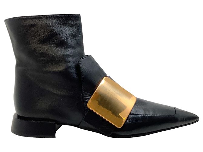Jil Sander Black Leather Pointy Toe Gold Buckle Booties - view 2