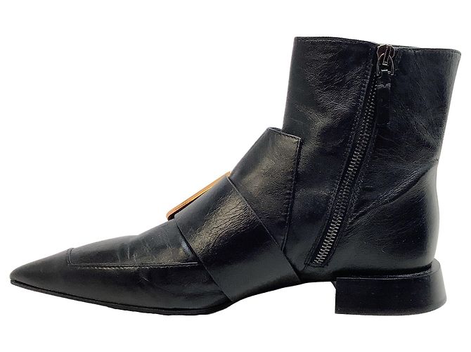 Jil Sander Black Leather Pointy Toe Gold Buckle Booties - view 3