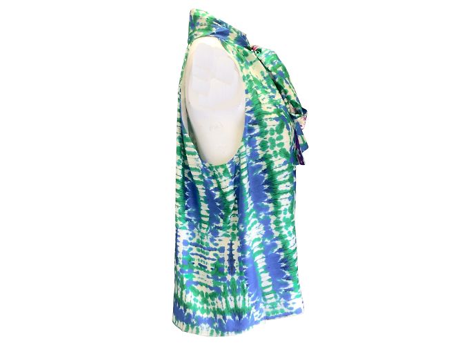 Prabal Gurung Blu / Top in seta senza maniche con cravatta al collo con stampa multi verde Multicolore - vista 2