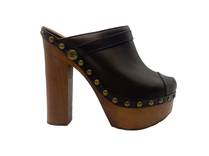 Chanel Brown Leather Platform Clogs - view 2