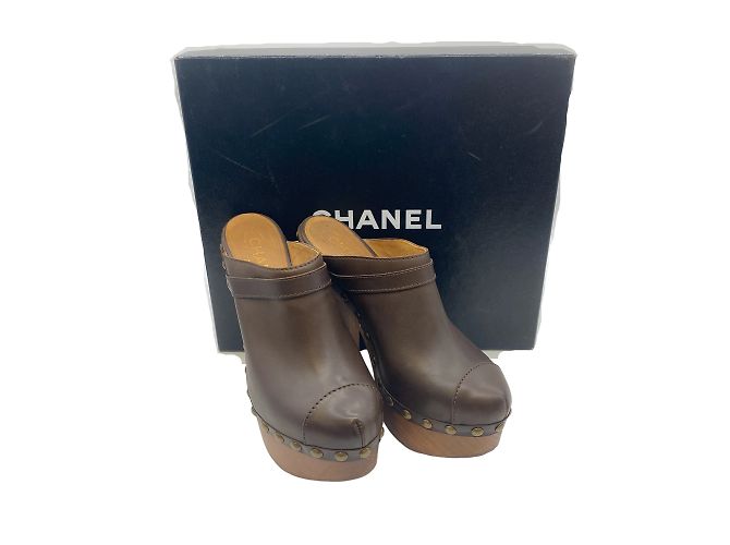 Chanel Brown Leather Platform Clogs - view 7