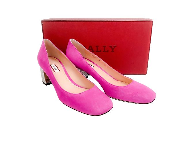Bally Pink Suede Emily Pumps With Silver Block Heel - view 6