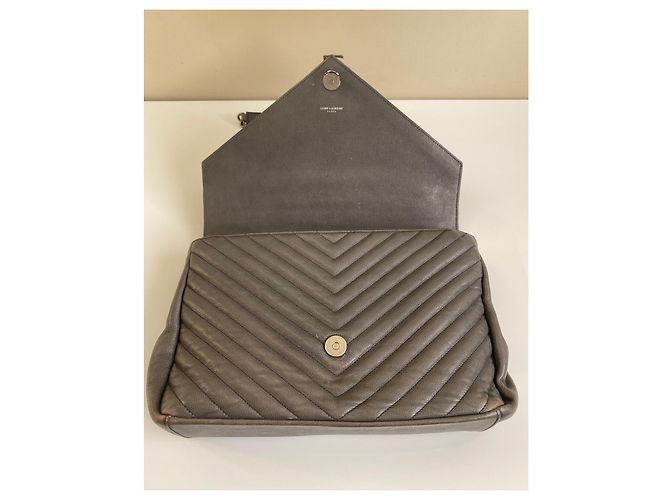 Borsa Saint Laurent College Grigia Chevron Pelle Trapuntata Monogramma Grigio - vista 11
