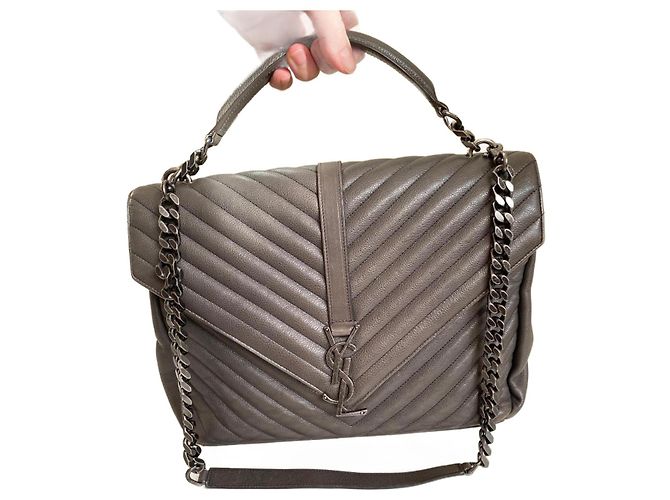 Borsa Saint Laurent College Grigia Chevron Pelle Trapuntata Monogramma Grigio - vista 2