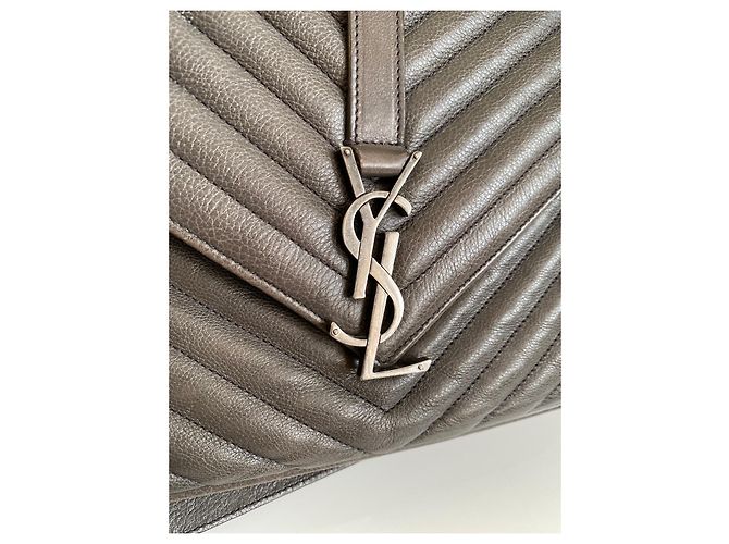 Borsa Saint Laurent College Grigia Chevron Pelle Trapuntata Monogramma Grigio - vista 5