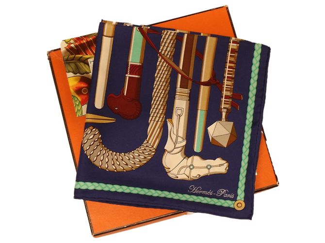 Hermès HERMES CARRE 90 Sciarpa Les cannes Seta Blu Auth 42853 - vista 10