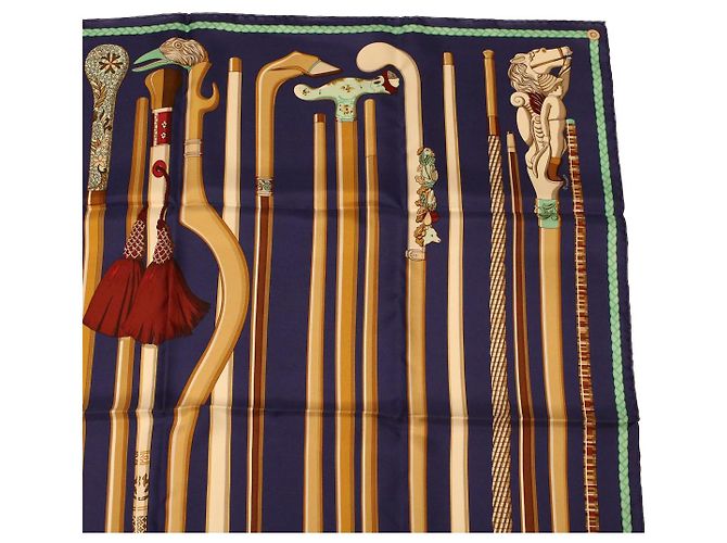 Hermès HERMES CARRE 90 Sciarpa Les cannes Seta Blu Auth 42853 - vista 3
