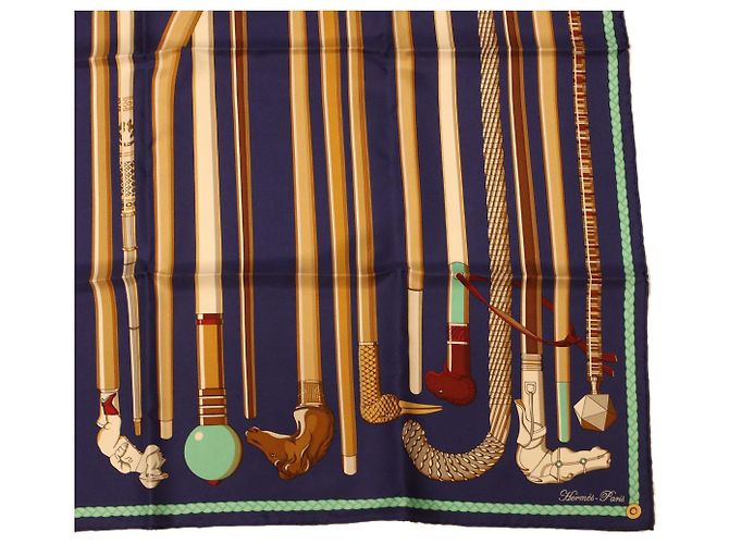 Hermès HERMES CARRE 90 Sciarpa Les cannes Seta Blu Auth 42853 - vista 4