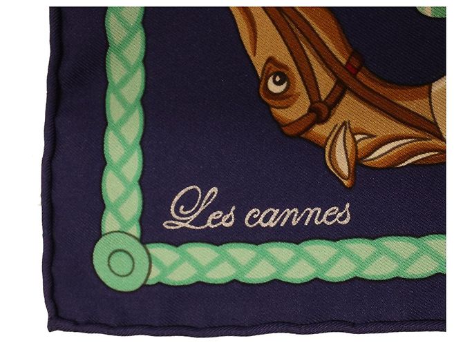 Hermès HERMES CARRE 90 Sciarpa Les cannes Seta Blu Auth 42853 - vista 6