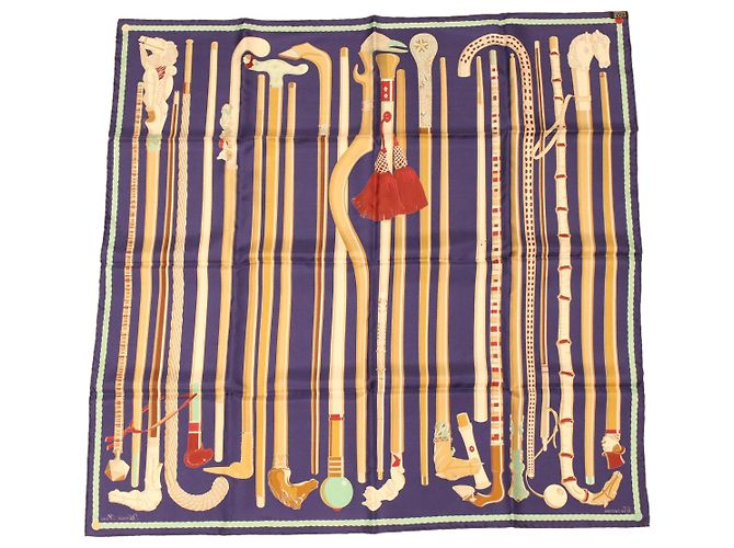 Hermès HERMES CARRE 90 Sciarpa Les cannes Seta Blu Auth 42853 - vista 9