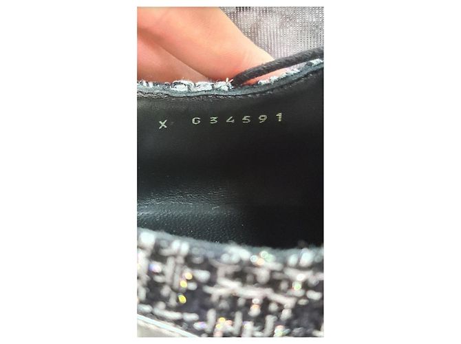 Chanel Black Silver Tweed Pearl Lace Up Oxford Grigio - vista 8