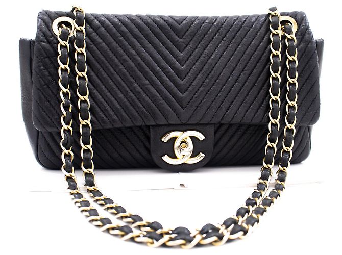 Bolsa de ombro Chanel Chevron com ponto em V e corrente de couro com aba única Preto - vista 2