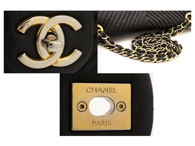 Bolsa de ombro Chanel Chevron com ponto em V e corrente de couro com aba única Preto - vista 7