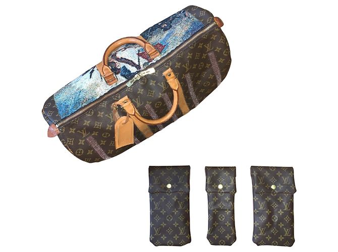 Abbesses Louis Vuitton Keepall 50 Delacroix Gogh "La Liberté guidance le Peuple" Custom Unique Marron Marrone - vista 11