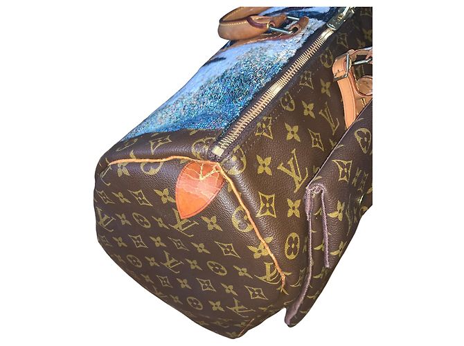 Abbesses Louis Vuitton Keepall 50 Delacroix Gogh "La Liberté guidance le Peuple" Custom Unique Marron Marrone - vista 13