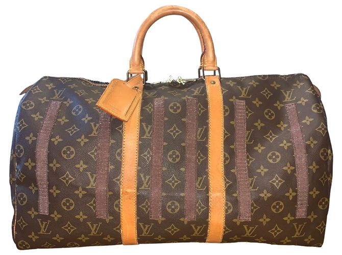 Abbesses Louis Vuitton Keepall 50 Delacroix Gogh "La Liberté guidance le Peuple" Custom Unique Marron Marrone - vista 3