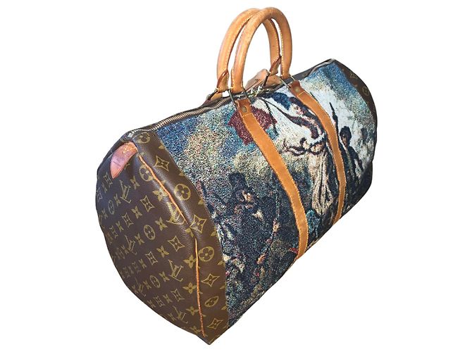 Abbesses Louis Vuitton Keepall 50 Delacroix Gogh "La Liberté guidance le Peuple" Custom Unique Marron Marrone - vista 4