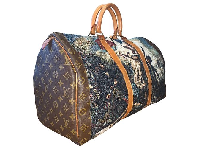 Abbesses Louis Vuitton Keepall 50 Delacroix Gogh "La Liberté guidance le Peuple" Custom Unique Marron Marrone - vista 5