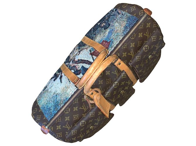 Abbesses Louis Vuitton Keepall 50 Delacroix Gogh "La Liberté guidance le Peuple" Custom Unique Marron Marrone - vista 7