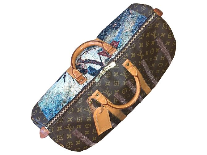 Abbesses Louis Vuitton Keepall 50 Delacroix Gogh "La Liberté guidance le Peuple" Custom Unique Marron Marrone - vista 9