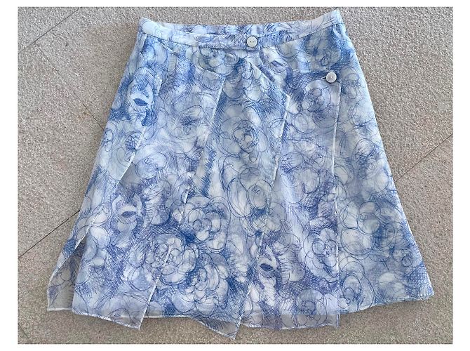 Chanel Falda de gasa de seda con estampado Camelia Blanco Azul - vista 11