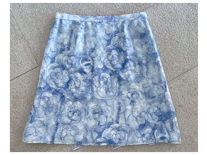Chanel Falda de gasa de seda con estampado Camelia Blanco Azul - vista 12