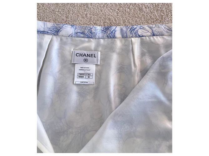 Chanel Falda de gasa de seda con estampado Camelia Blanco Azul - vista 13