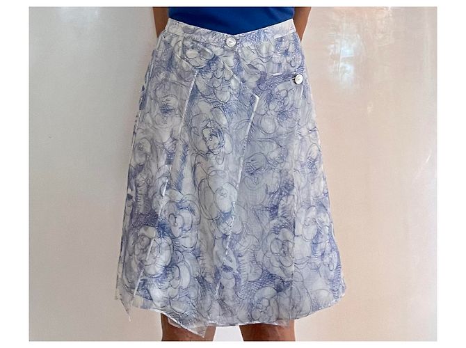 Chanel Falda de gasa de seda con estampado Camelia Blanco Azul - vista 9