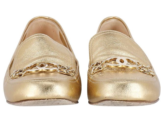 Mocassini Chanel Chain CC Logo in pelle oro D'oro Metallico - vista 2