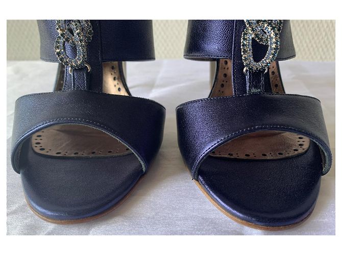 Sidonie Larizzi Palermo 105 Navy Metallic Lambskin Heeled Sandals Blue - view 12