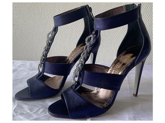 Sidonie Larizzi Palermo 105 Navy Metallic Lambskin Heeled Sandals Blue - view 13