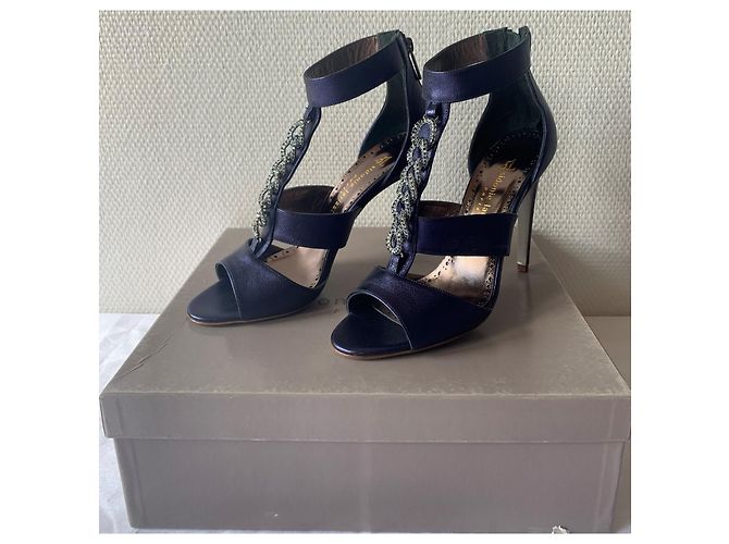 Sidonie Larizzi Palermo 105 Navy Metallic Lambskin Heeled Sandals Blue - view 3