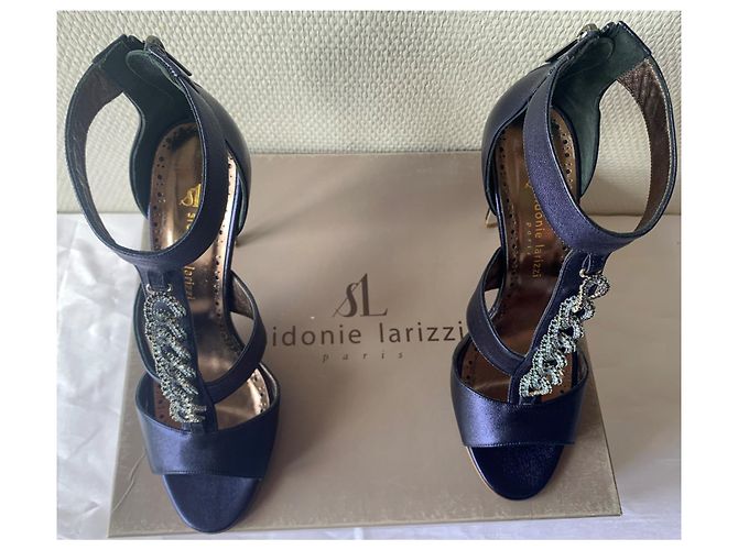 Sidonie Larizzi Palermo 105 Navy Metallic Lambskin Heeled Sandals Blue - view 4
