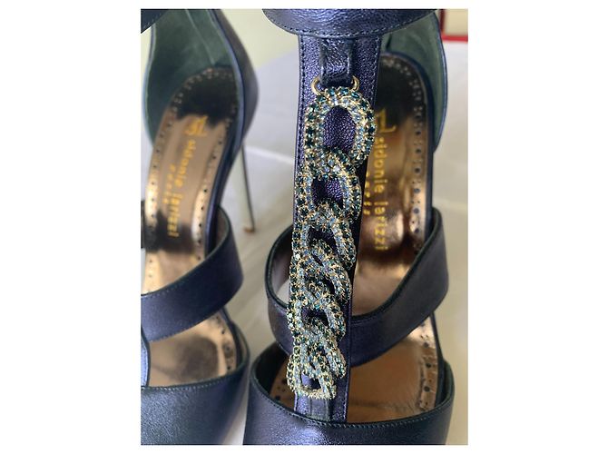 Sidonie Larizzi Palermo 105 Navy Metallic Lambskin Heeled Sandals Blue - view 6