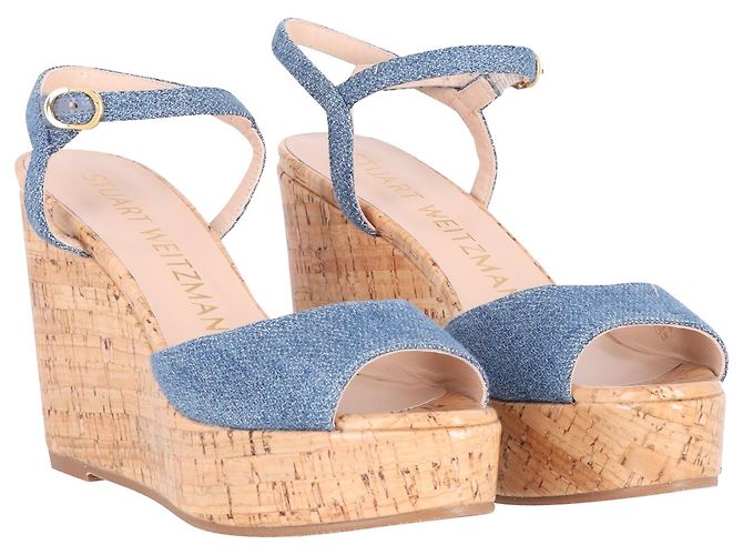 Stuart Weitzman Sandali con zeppa Palmina Platform in tela blu - vista 4