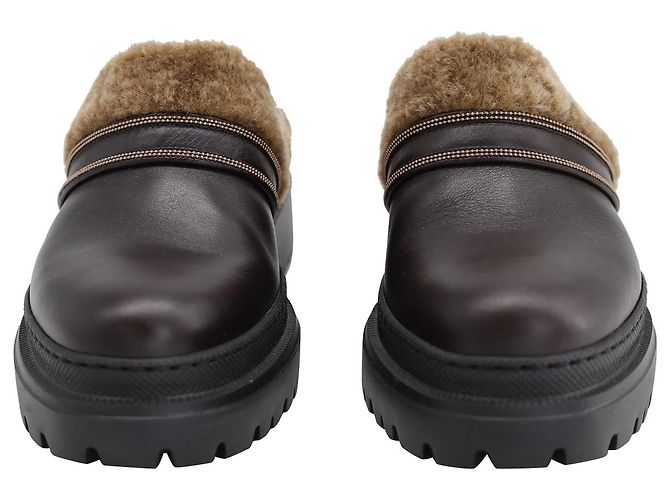 Brunello Cucinelli Zoccoli Shearling Lug-Sole in Pelle Marrone - vista 2