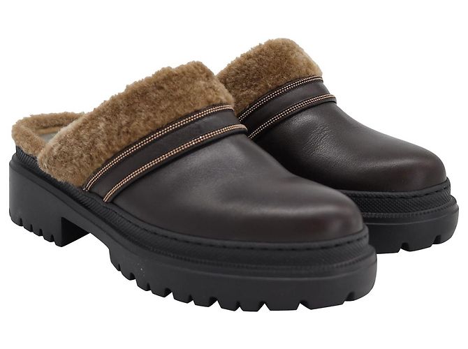 Brunello Cucinelli Zoccoli Shearling Lug-Sole in Pelle Marrone - vista 3