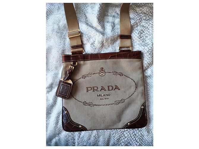Borsa a tracolla Prada beige in pelliccia e tweed - vista 11