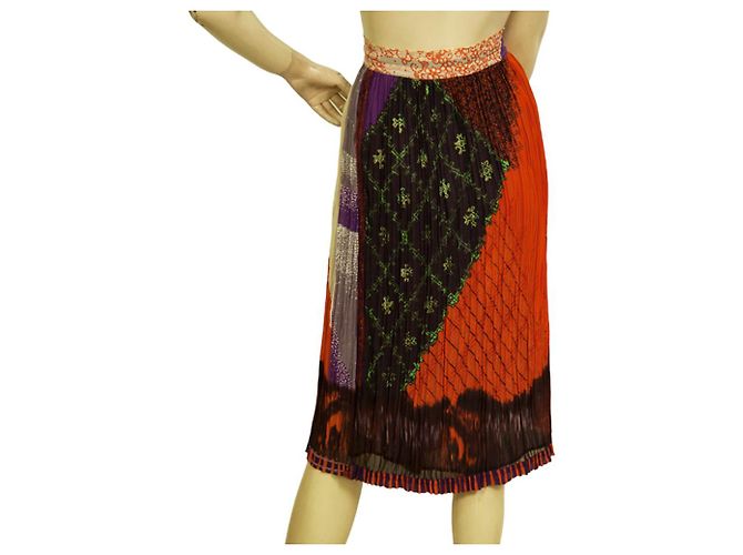 Etro Orange 100% Jupe mi-longue en soie plissée avec cordon de serrage au genou Taille 44 Multicolore - vue 2