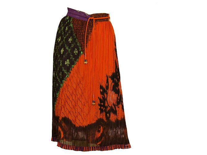 Etro Orange 100% Jupe mi-longue en soie plissée avec cordon de serrage au genou Taille 44 Multicolore - vue 8