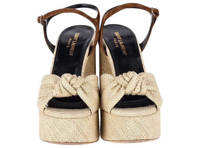 Sandales à plateforme Saint Laurent Bianca en raphia beige - vue 3