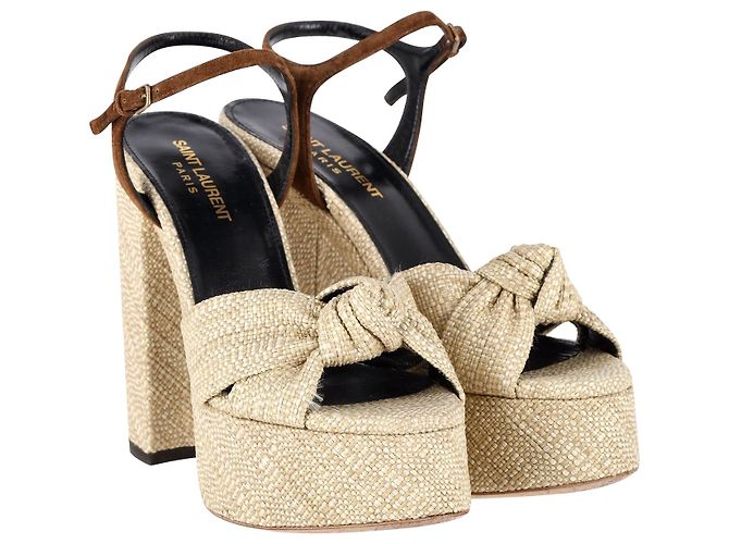 Sandales à plateforme Saint Laurent Bianca en raphia beige - vue 4