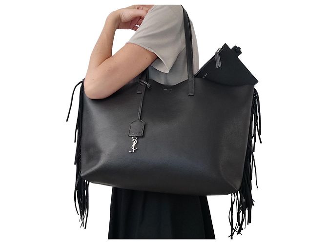 Borsa a spalla Saint Laurent Shopper tinta unita con frange - vista 7