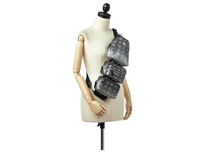 Bolsa sling tripla em lona revestida Visetos preta da MCM Preto - vista 8