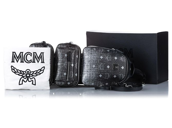 Bolsa sling tripla em lona revestida Visetos preta da MCM Preto - vista 9