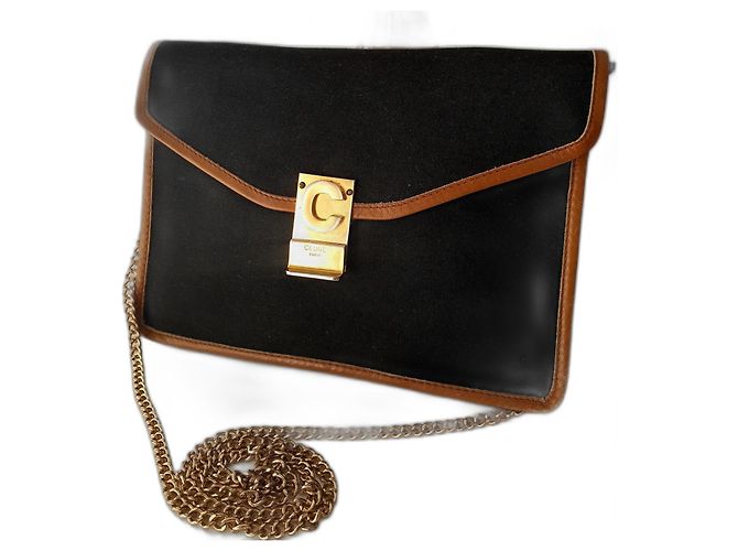 Borsa a tracolla Céline nera e cammello in pelle e tela Nero - vista 4