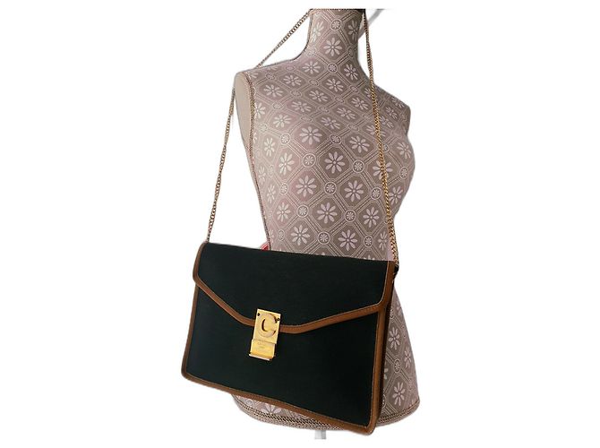 Borsa a tracolla Céline nera e cammello in pelle e tela Nero - vista 5