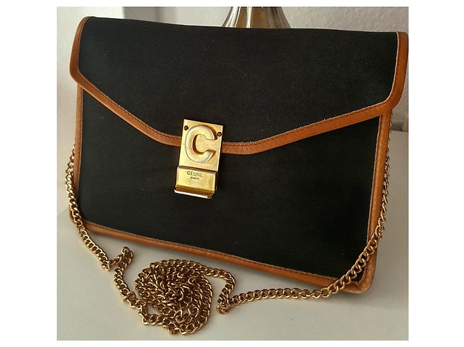 Borsa a tracolla Céline nera e cammello in pelle e tela Nero - vista 6