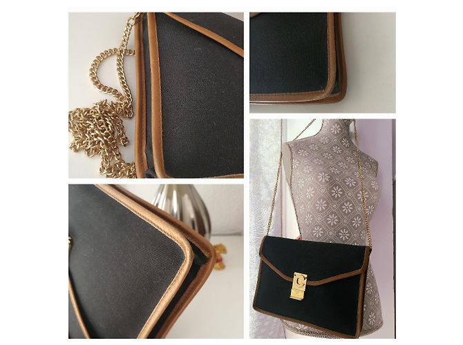 Borsa a tracolla Céline nera e cammello in pelle e tela Nero - vista 8