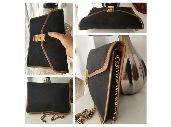 Borsa a tracolla Céline nera e cammello in pelle e tela Nero - vista 9